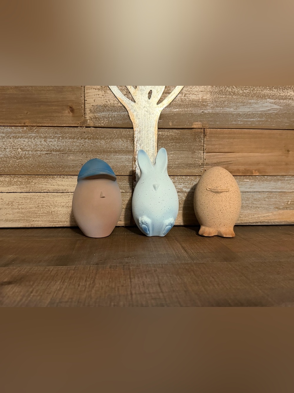Tahua Clay Pottery Trio Easter Bunny, Egg/Cap, Chick Figures Handmade In Peru